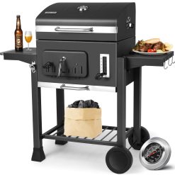 Barbecue Charbon de Bois, Chariot à Barbecue XXL, Grand Grill XXL à Charbon avec Couvercle, Roues et Thermomètre, Réglable en Hauteur, Barbecue Fumoir, Noir