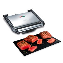 Tefal Inicio Gril viande et panini, Plaques avec Revêtement antiadhésif, 2000 W, Rangement vertical pratique GC241D12, Noir/Inox