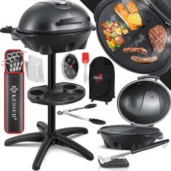 KESSER® Barbecue électrique 2 en 1, sur pied avec couvercle, Thermomètre maximum 2400 W, Revêtement antiadhésif, Plaque de cuisson XXL, Surface de rangement intégrée, Barbecue colonne électrique
